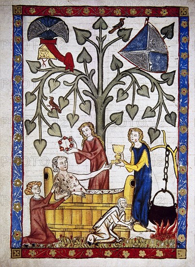 Ladies preparing the bath of poet Jakob von Warte. Codex Manesse.