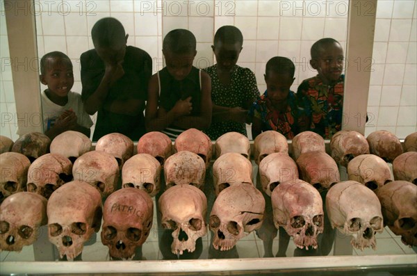 Skulls and bones at a genocide memorial church, commemorating the 1994 genocide in Rwanda