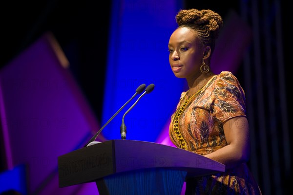 Chimamanda Ngozi Adichie, Nigerian author giving The Commonwealth Lecture at The Telegraph Hay Festival 2012, Hay-on-Wye, Powys, Wales, UK