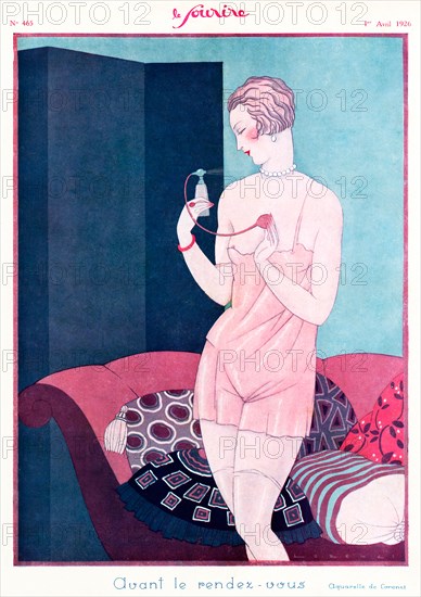Avant Le Rendezvous, 1920s French magazine illustration of a lady getting ready for a romantic assignation