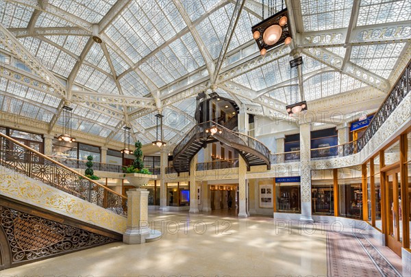 Frank Lloyd Wright designed lobby of The Rookery building on La Salle Street in the Loop district, Chicago, Illinois, USA