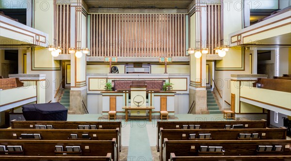 Unity Temple, seminal influential design, architect Frank Lloyd Wright, 1905, Oak Park, Illinois, suburb of Chicago.