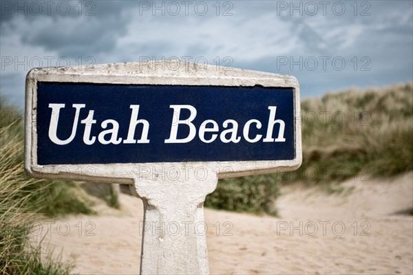 The Utah Beach sign on the d day landing beach in Normandy, France