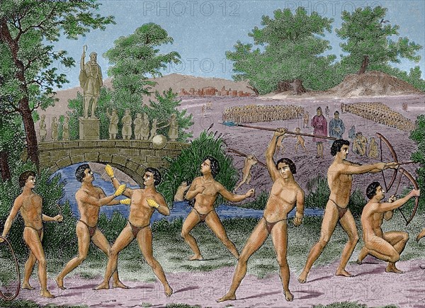 Ancient Times. Greece. Olympian games. Engraving. (Later colouration).