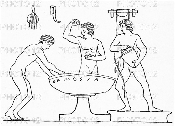 This red-figured vase painting shows ancient Greek youths washing after athletic practice. In the center is a large stone basin.