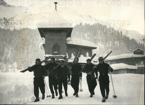 Jan. 01, 1948 - Olympic Games Open At St. Moritz. Keystone Photo Shows:- The Canadian ski-team at St. Moritz. L to R:- Hector Sutherland, Harvey Clifford, Emile Allais, (trainer) Bill Irwin, and Louis Cochand (manager of the team)