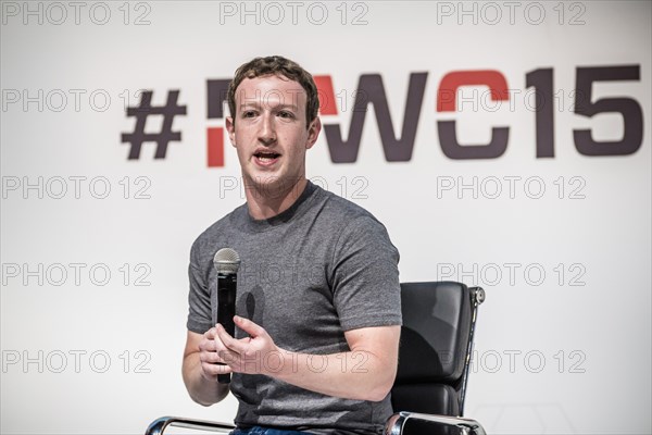 Barcelona, Catalonia, Spain. 2nd Mar, 2015. MARK ZUCKERBERG, founder and CEO of facebook is on stage giving a keynote during the Mobile World Congress 2015. © Matthias Oesterle/ZUMA Wire/ZUMAPRESS.com/Alamy Live News