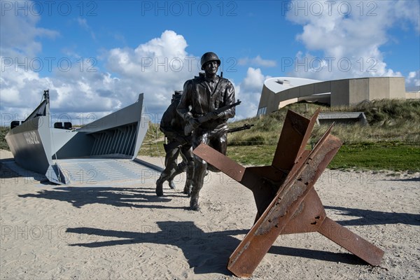 Czech hedgehog and landing craft, Musée du Débarquement Utah Beach, World War Two museum, Sainte-Marie-du-Mont, Normandy, France