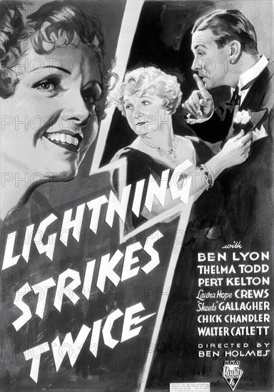 RELEASE DATE: December 7, 1934. MOVIE TITLE: Lightning Strikes Twice. STUDIO: RKO Radio Pictures. PLOT: A crazed gunman fires a shot. As officer Casey reports the assumed murder to headquarters another shot is fired causing Casey to fall. Police rush to the scene, led by Lieutenant Foster, who backs into a hole in the street. Both missing policemen are assumed murdered, but actually, they fell into a sewer system unharmed and can't get out. Next morning, housekeeper Martha discovers the butler missing and blood-stained sheets on his bed, and assumes he's been murdered. PICTURED: BEN LYON as St