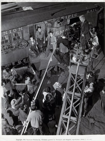 1939, Film Title: UNION PACIFIC, Director: CECIL B DeMILLE, Studio: PARAMOUNT, Pictured: BEHIND THE SCENES, CECIL B DeMILLE, EPIC, HISTORICAL, LOVE (TRIANGLE), JOEL McCREA, ROBERT PRESTON, RAILROADS, BARBARA STANWYCK. (Credit Image: SNAP)