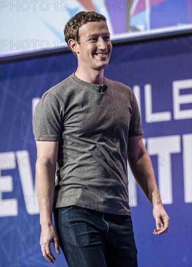 Barcelona, Spain. 22nd February, 2016. MARK ZUCKERBERG, Founder and CEO of Facebook, enters the stage for a keynote during the first day of the annual Mobile World Congress, one of the most important events for mobile technologies and a launching pad for smartphones, future technologies, devices, and peripherals. The 2016 edition runs under the over-arching theme of 'Mobile is everything' expanding the MWC to cover every aspevt of mobile. Credit:  Matthias Oesterle/ZUMA Wire/Alamy Live News