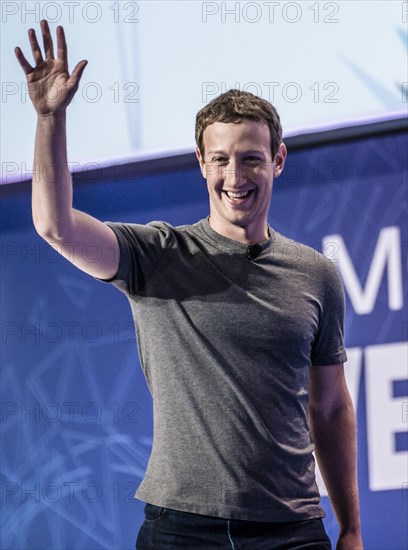 Barcelona, Spain. 22nd February, 2016. MARK ZUCKERBERG, Founder and CEO of Facebook, enters the stage for a keynote during the first day of the annual Mobile World Congress, one of the most important events for mobile technologies and a launching pad for smartphones, future technologies, devices, and peripherals. The 2016 edition runs under the over-arching theme of 'Mobile is everything' expanding the MWC to cover every aspevt of mobile. Credit:  Matthias Oesterle/ZUMA Wire/Alamy Live News