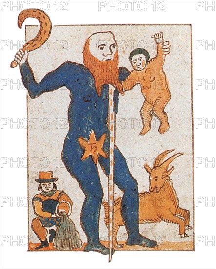 This medieval illustration shows the Roman god Saturn in the traditional guise of an old man. The Zodiacal signs under his influence, Aquarius and Capricorn, are depicted on his left and right, respectively. He holds the sickle with which his Greek counte