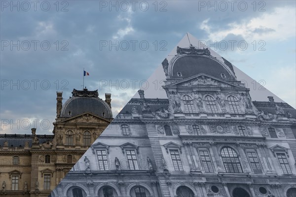 Louvre museum pyramid covered with thousands of paper sheets to make it disappear with an optical illusion.