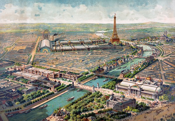 Paris Exposition, 1900. Panoramic view of the Exposition Universelle 1900, in Paris, France. Lithograph by Lucien Baylac, 1900.