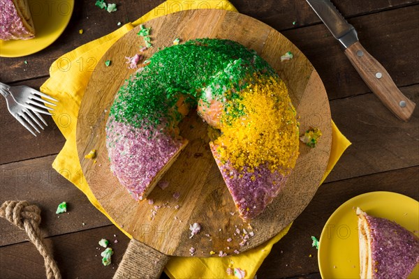 Homemade Colorful Mardi Gras King Cake for Fat Tuesday