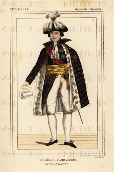 Jean-Jacques-Regis de Cambaceres, Duke of Parma, duc de Parme, in the uniform of an arch-chancellor of the empire, 1753-1824. Handcoloured lithograph by Leopold Massard from Le Bibliophile Jacob aka Paul Lacroix's Costumes Historiques de la France (Historical Costumes of France), Administration de Librairie, Paris, 1852.