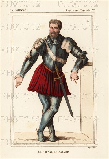 Le Chevalier Bayard, Pierre Terrail, French knight 1473-1524. He wears a suit of armour with red tonlet and sword. Handcoloured lithograph after an ancient portrait held by the Terrail family from Le Bibliophile Jacob aka Paul Lacroix's Costumes Historiques de la France (Historical Costumes of France), Administration de Librairie, Paris, 1852.