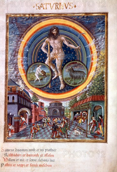 Saturn personified as ruler over Capricorn and Aquarius, with the children of Saturn. From the 'De Sphaera' in Bib. Estensa, Modena. Medieval manuscript depicting the astrological god of Saturn, in the midst of his 'children'. Biblioteca Etensa.