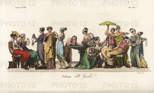 Ancient Greek women at their toilet: washing hair in a font, trying on clothes, arranging hair, admiring a necklace, etc, Handcoloured copperplate engraving by Sasso after a painting by Pelagio Palagi from Giulio Ferrario's Costumes Ancient and Modern of the Peoples of the World, Florence, 1847.