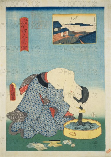 Edo Meisho Hyakunin Bijo ( 100 Beautiful Women from Celebrated Place in Edo ) Imagawa Bridge ,1858, Utagawa Toyokuni III, Utagawa Kunihisa