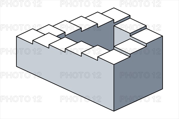 Penrose stairs, impossible staircase, optical illusion. Also Penrose steps. Impossible object. Staircase, forming a continuous loop.