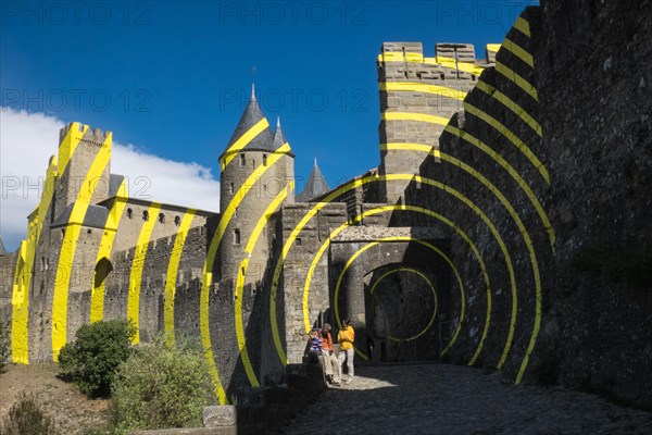 Yellow,art,Eccentric concentric circles,Carcassonne,Carcassone,Castle,Fort,Ramparts,Aude,province,region,South of France,France,French,Europe,European