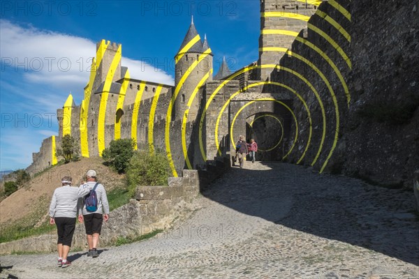 Yellow,art,Eccentric concentric circles,Carcassonne,Carcassone,Castle,Fort,Ramparts,Aude,province,region,South of France,France,French,Europe,European