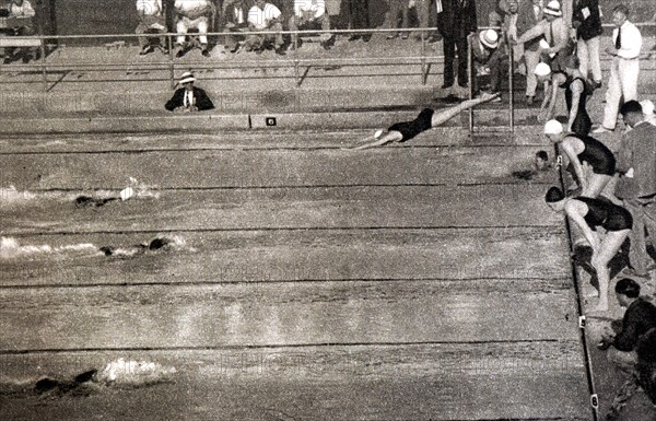 Photograph of the 4x100 meter swimming relay at the 1932 Olympic games. Won by the USA, second Netherlands and third Great Britain.