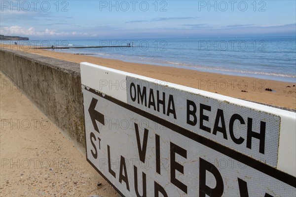 Road sign on Omaha Beach between Vierville and St Laurent, Normandy, France.
