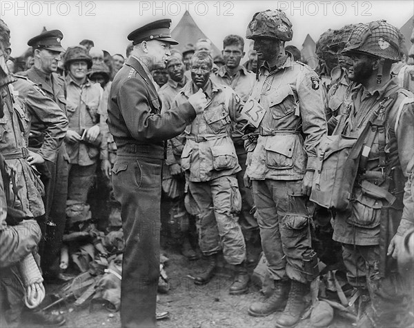 General Dwight D. Eisenhower addresses American paratroopers prior to D-Day.