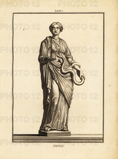 Hygieia, Greek and Roman goddess of health and cleanliness, daughter of the god of medicine Asclepius. Copperplate engraving by Francois-Anne David from Museum de Florence, ou Collection des Pierres Gravees, Statues, Medailles, Chez F.A. David, Paris, 1787. David (1741-1824) drew and engraved the illustrations based on Roman statues, engraved stones and medals in the collection of the Museum de Florence and the cabinet of curiosities of the Grand Duke of Tuscany.