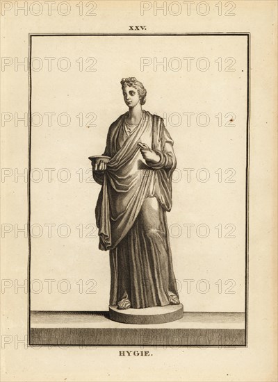 Hygieia, Greek and Roman goddess of health and cleanliness, daughter of the god of medicine Asclepius. Copperplate engraving by Francois-Anne David from Museum de Florence, ou Collection des Pierres Gravees, Statues, Medailles, Chez F.A. David, Paris, 1787. David (1741-1824) drew and engraved the illustrations based on Roman statues, engraved stones and medals in the collection of the Museum de Florence and the cabinet of curiosities of the Grand Duke of Tuscany.