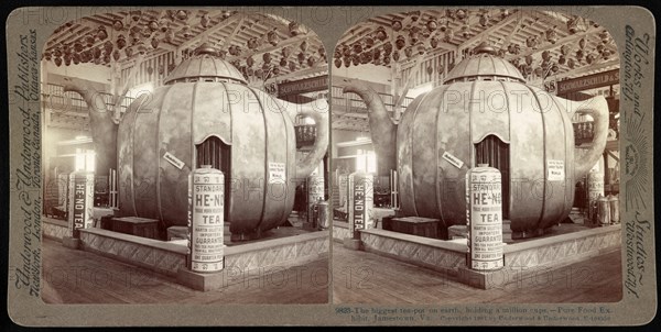 Stereograph image of the biggest teapot on earth, holding a million cups of tea. Pure Food Exhibit, Jamestown, Virginia, 1907.