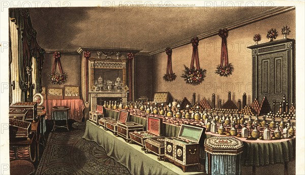 Perfumery prepared for the Emperor of China by Alex Ross,  perfumer with a shop in Bishopsgate Street, London. Handcoloured copperplate engraving from Rudolph Ackermann’s Repository of Arts, London, 1816.