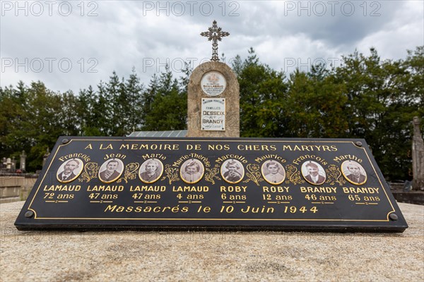 Gravestones of some of the victims of the Nazi atrocity in Oradour-sur-Glane, France, Europe.