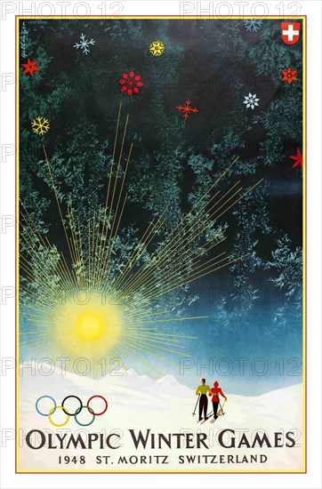OLYMPICS Vintage poster 1948 Olympic Winter Games ST. MORITZ 1948 WINTER OLYMPIC GAMES  POSTER post-war World War II return of the Olympic Games 1948 Winter Olympics, held at St. Moritz in the Swiss Alps - the first Olympic Games since Berlin 1936. Featuring the official games logo, and a rising-sun design that celebrates the rebirth of the games.