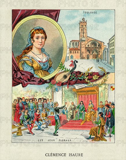 Old color lithography portrait of Clemence Isaure (1463-1513) Legendary medieval woman, founder of the Acadèmia dels Jòcs Florals or Academy of Floral Games. Member of the Yzalguier family from Toulouse. France. Les Français Illustres by Gustave Demoulin 1897