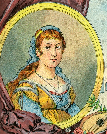 Old color lithography portrait of Clemence Isaure (1463-1513) Legendary medieval woman, founder of the Acadèmia dels Jòcs Florals or Academy of Floral Games. Member of the Yzalguier family from Toulouse. France. Les Français Illustres by Gustave Demoulin 1897
