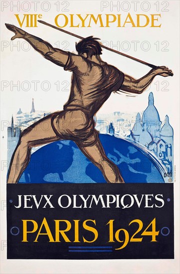 Summer Olympics Games poster - VIIIe Olympiade JEVX OLYMPQVES - Paris Olympics 1924 poster. Man throwing a spear.