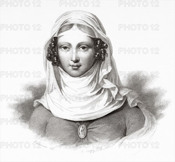 Clemence Isaure (1463-1513) in the floral games room in Toulouse. Legendary medieval woman, founder of the Acadèmia dels Jòcs Florals or Academy of Floral Games. Member of the Yzalguier family from Toulouse. France. Europe. Old 19th century engraved illustration from Portraits et histoire des hommes utile by Societe Montyon et Franklin 1837
