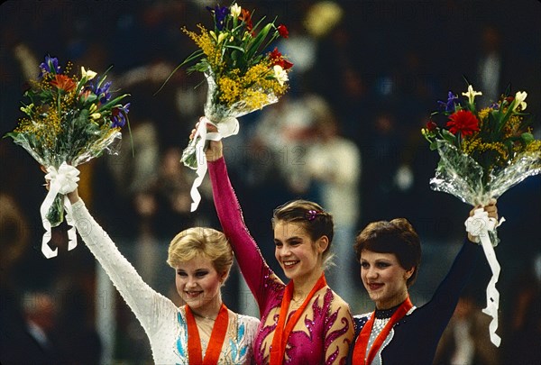 L-R Rosalynn Sumners (USA),Katarina Witt (GDR), Kira Ivanova (URS) Figure Skating Ladies' singles medalist at the 1984 Olympic Winter Games.