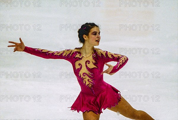 Katarina Witt (GDR) Gold medalist and Olympic Champion competing in the Ladies Figure Skating Free Skate at the 1984 Olympic Winter Games.