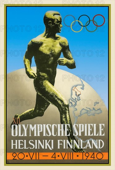 Helsinki Olympic Games 1940. Games and poster cancelled due to impending World War II Poster by Ilmari Sysimetsä  Sculpture is of the famous Finnish runner Paavo Nurmi, with 9 gold and 3 silver Olympic medals. A similar poster was used for the post-war 1952 Olympic Games