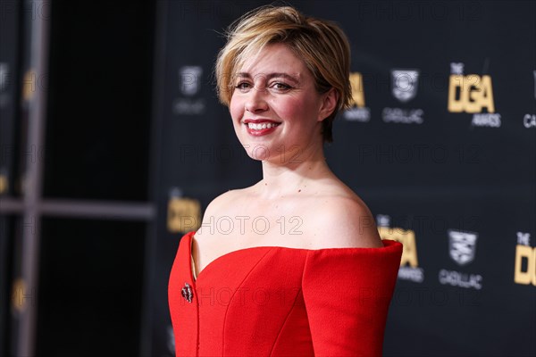 Beverly Hills, United States. 10th Feb, 2024. BEVERLY HILLS, LOS ANGELES, CALIFORNIA, USA - FEBRUARY 10: Greta Gerwig wearing Balmain arrives at the 76th Annual Directors Guild Of America (DGA) Awards held at The Beverly Hilton Hotel on February 10, 2024 in Beverly Hills, Los Angeles, California, United States. (Photo by Xavier Collin/Image Press Agency) Credit: Image Press Agency/Alamy Live News
