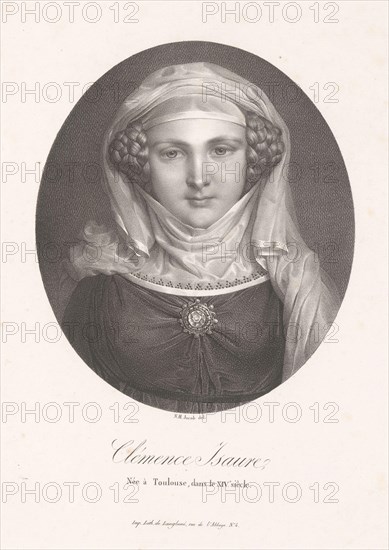 Portrait of Clémence Isaure, Clemence Isaure (title on object), print maker: Nicolas Henri Jacob, printer: Pierre Langlumé, publisher: Jean Pierre Sudre (1783-1866), Paris, 1825 - 1827, paper, height 425 mm × width 291 mm, print