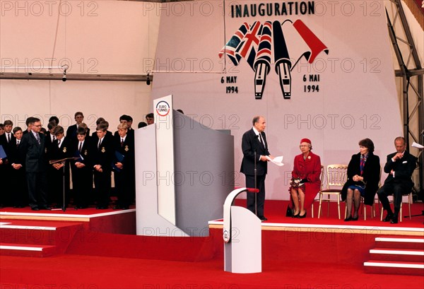 Queen Elizabeth and President Mitterrand  of France at The Channel Tunnel Le Shuttle Inauguration Folkestone Kent May 6th 1994 UK 1990s HOMER SYKES