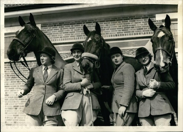 Mar. 03, 1956 - Olympic Games Equestrian Team In Training... The Women Members: Members of the Olympic Games Equestrian Team were to be seen in training this morning at Windsor Forest Stud. Photo shows: The women members of the team at Windsor Forest Stud today... They are L-R: Miss D~~~ Palethorpe; Mrs. Bryan Marshall; Pat Smythe and Susan Whitehead.