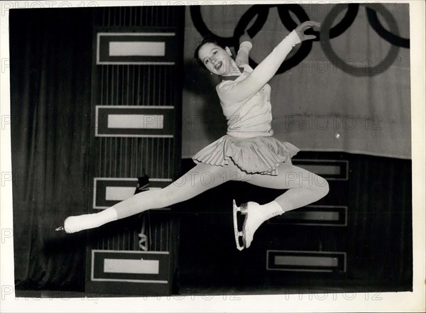 Mar. 02, 1956 - Olympic Ice-time on Television. Yvonne Sugden in action: Many well known skating stars were to be seen at Queen's Ice Rink, London this afternoon preparing for this evening's BBC programme ''Olympic Ice Time''. Photo shows Yvonne Sugden does a 'stag jump' during the rehearsal this afternoon.