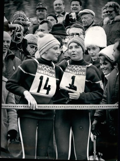 Jan. 01, 1964 - IX. Olympic Winter Games Innsbruck 1964 Ladies Slalom. The ladies slalom in Lizum winn the French Christine Goitschell OPS: f.l.t.r Christine Goitschel (Goldmedaillie) and Marielle Goitschel (Silvermedaille)